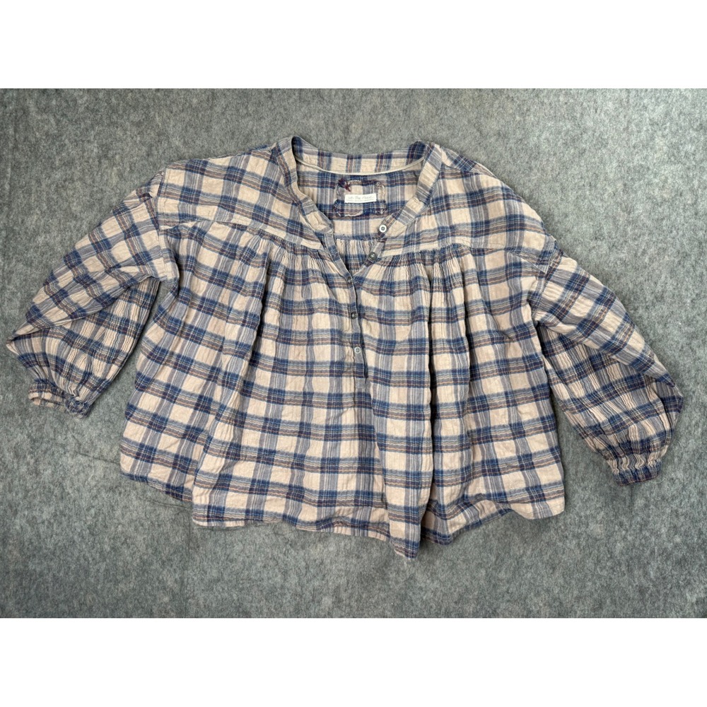 Free People Blouse Womens Medium Blue Plaid Cotton Boho Oversized Henley Top M